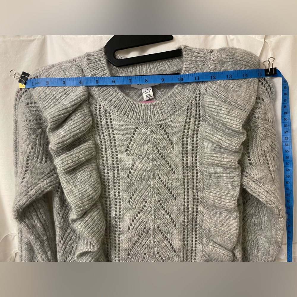 ASOS Topshop Ruffle Pointelle Crewneck Cropped Sweater, Light Gray - Picture 4 of 12